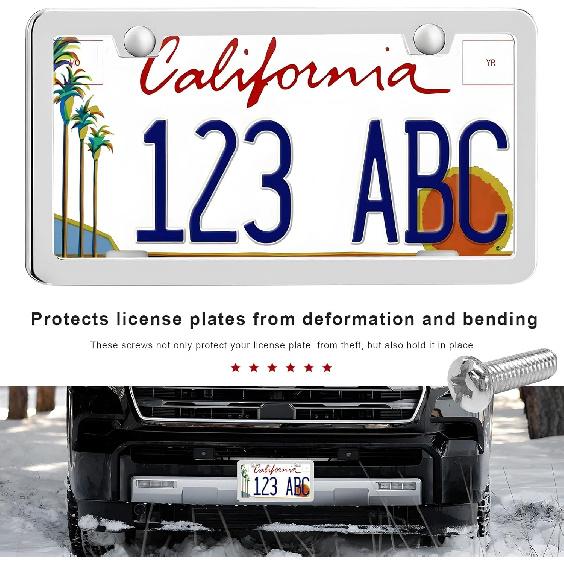 2PCS License Plate Frames, 2 Holes Rust-Proof Metal Car Tag Holder with Washers Screws Chrome Caps, Heavy Duty Stainless Steel Polished Frame for