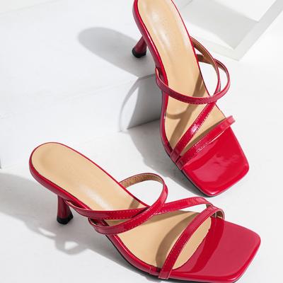 Красные шлепанцы с квадратным носком, женские, изысканный сказочный стиль, лето 2025, новые, каблук-рюмочка 77 см, тонкий каблук, темпераментные сандалии