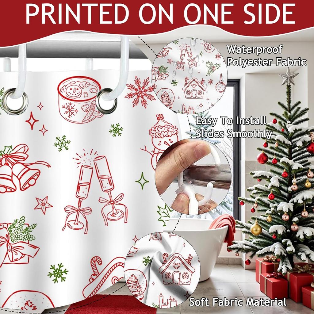 GAEChristmas Shower Curtain for Kids Cute Xmas Tree Candy Ball Snowman Gingerbread Man Shower Curtain for Christmas Bathroom D