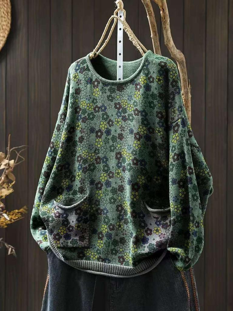 Johnature Woman Autumn Chinese Style Vintage Print O-Neck Loose Sweater Fashion Casual Long Sleeves Casual Sweater