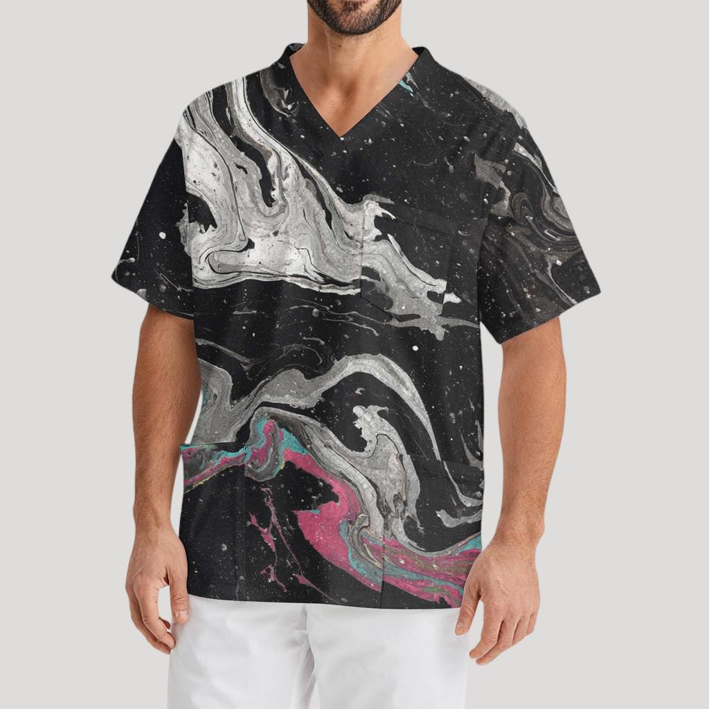 Мужская рабочая блузка с короткими рукавами и v-образным вырезом с принтом, топ с нагрудным карманом