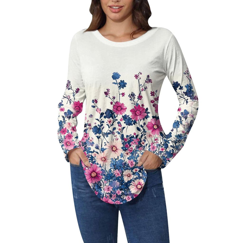 Рубашки для женщин Милые винтажные узоры с принтом Футболка с длинным рукавом Туника Топы Хлопковые пуловеры