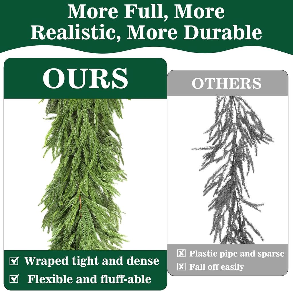 6 FT Artificial Norfolk Pine Garland with 18" Christmas Wreath Combo, Realistic Winter Greenery with Real Touch, Perfect for Holiday Decor, Table