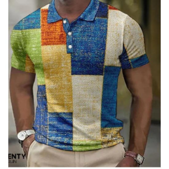 Мужская повседневная рубашка поло 3D цифровая печать короткий рукав цветная вставка трендовый топ