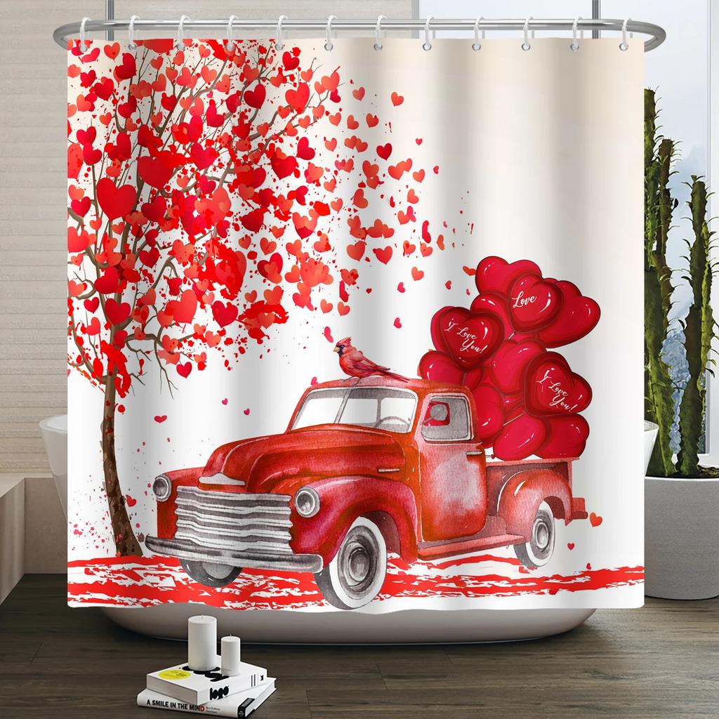 Happy Valentines Day Heart Shower Curtain Red Pink Romantic Falling Love Heart Sweet Lovers Waterproof Bathroom Curtain Decor