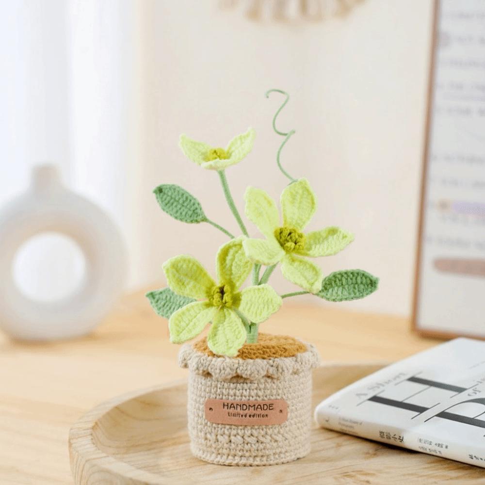 Unique Handwoven Crochet Flowers Potted Realistic Artificial Flowers Clematis Snowflake Yarn Knitted Flower Desktop Decoration