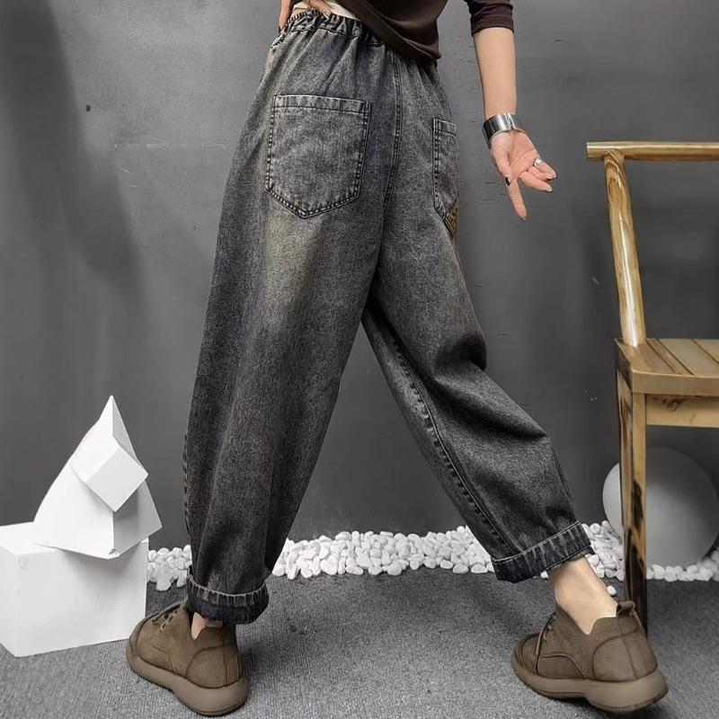 Женские винтажные вышитые мешковатые джинсы в этническом стиле Y2K Streetwear Повседневные джинсы с высокой талией и свободными карманами Джинсовые брюки Pantalones De Mujer