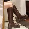 Массивные модные женские высокие сапоги, дизайнерские туфли с пряжкой на платформе и средним каблуком, высокие туфли до колена, тренд 2025 года, зимние новые туфли-лодочки для мотоциклистов