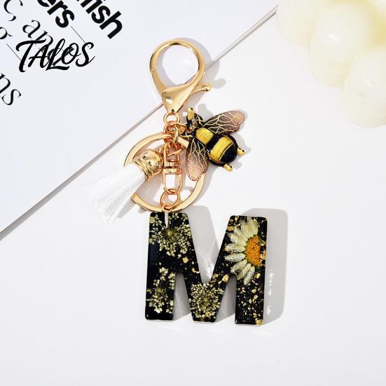 Talos Black Series Keychain Pendant, Dried Flower Initial Letter Charm Key Chain with Bee Tassel Design, A-Z Holder for Bag Purse Backpack