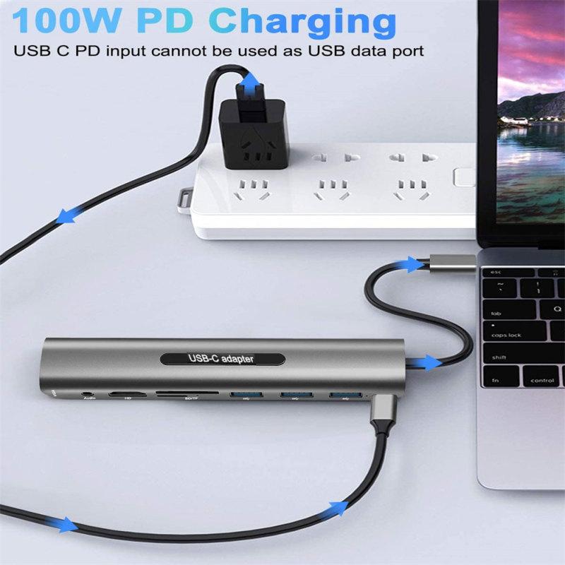 Адаптер USB-концентратора 9-в-1 с 4k HDMI-совместимым Vga 100 Вт Pd 3 USB-портами Аудиоразъем 3,5 мм Карта SD/TF