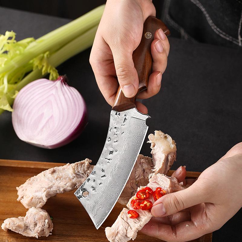 Дамасская сталь Тесак для мяса Нож для обвалки Нож с молотком Кованый нож ручной работы Нож для нарезки с чехлом для ножа
