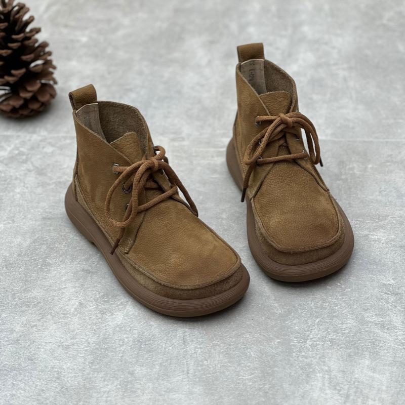 Johnature Женские короткие сапоги ручной работы в стиле ретро, ​​туфли из натуральной кожи, однотонные ботинки на шнуровке с круглым носком
