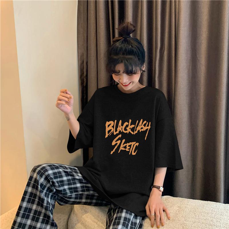 Винтажный принт с буквами Повседневная футболка большого размера Летние корейские футболки с коротким рукавом для женщин Одежда Harajuku Students Y2k Топы уличная одежда