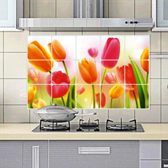 Oil-proof Kitchen Wall Sticker Rose Tulip Flower Dolphin Dandelion Self-adhesive Waterproof Heat Resistant Bathroom Kitchen Wall Art Decal Decoration