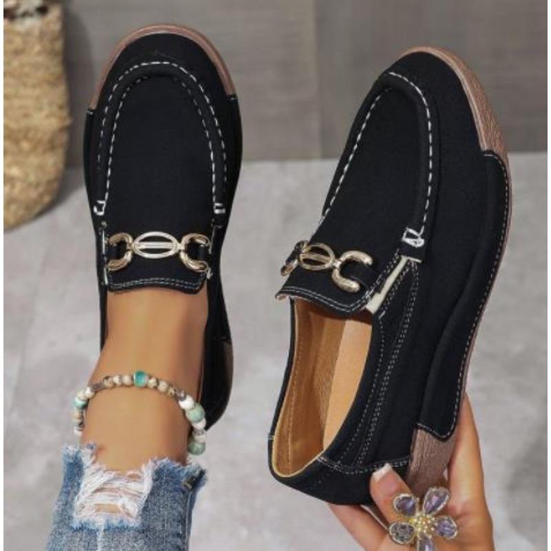 Модные мокасины Весна Новые круглые туфли с глубоким носком и мягкой подошвой на плоской подошве с металлической пряжкой, женские туфли без застежек