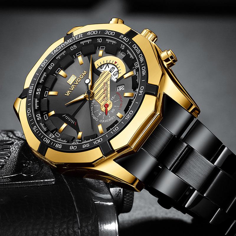 VA VA VOOM New Men's Sports Watches Fashion Stainless Steel Luxury Luminous Waterproof Calendar Quartz Men's Watches