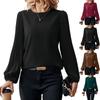 Women's Pleated Long Sleeve Shirt Fashion Round Neck Retro Solid Color Casual Tops