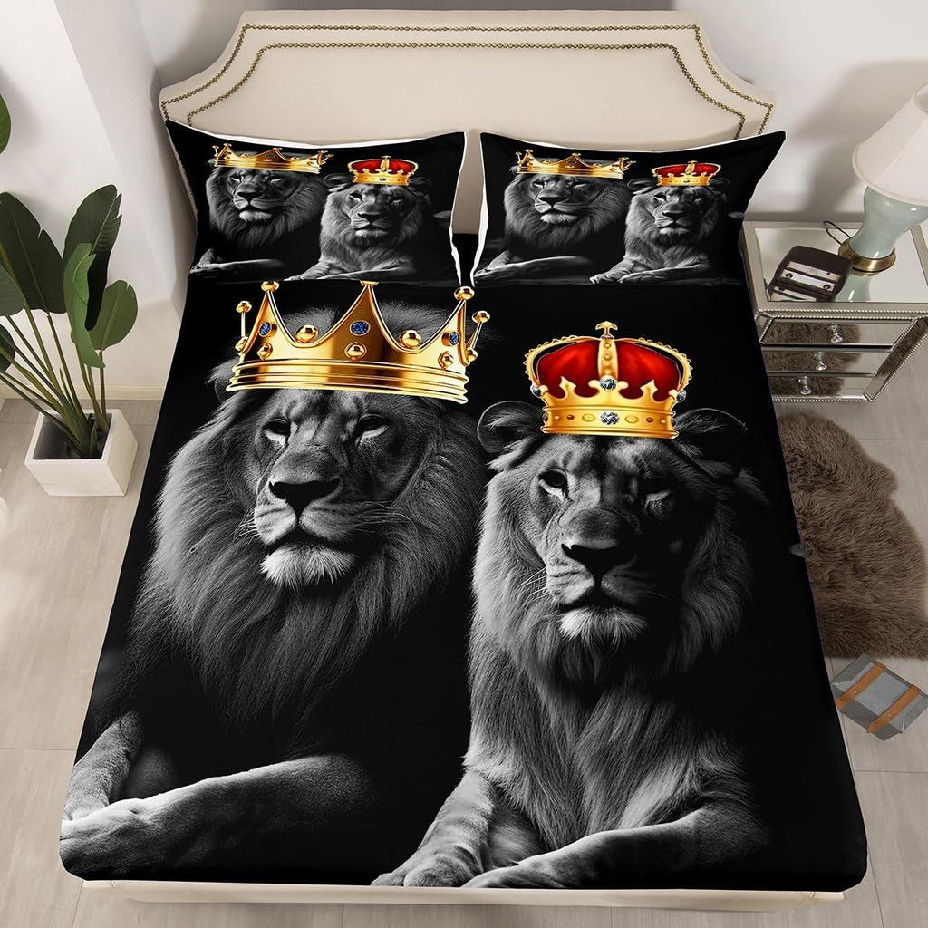Матрас с рисунком льва, трехпредметный, цифровая печать, для пары, черный, золотой, корона, покрывало, постельное белье