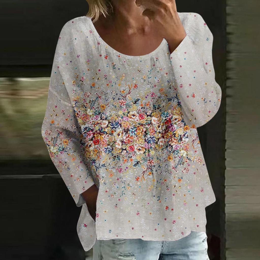 Women's Casual Fashion Loose Round Neck Floral Print Long Sleeve Top