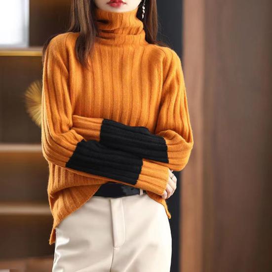 Women Winter Autumn Sweater Turtleneck Neck Protection Long Sleeve Knitted Warm Thick Soft Pullover Color Block Patchwork Lady Sweater