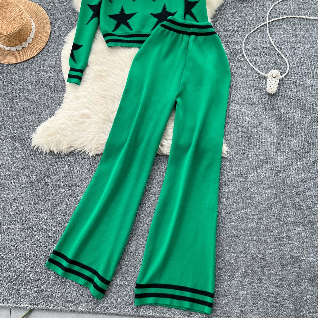 Осенне-зимний комплект из вязаного свитера с принтом звезд, женская куртка с длинным рукавом, пальто + брюки, спортивный костюм из двух частей