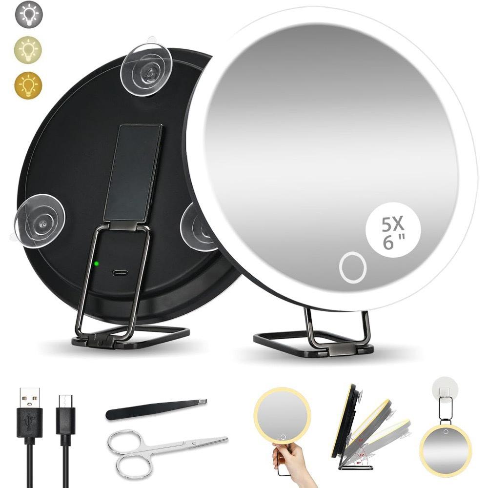 6-Inch Rechargeable LED Magnifying Fill Light: 360° Rotating Stand with 10x/20x/30x Magnification & Makeup Mirror