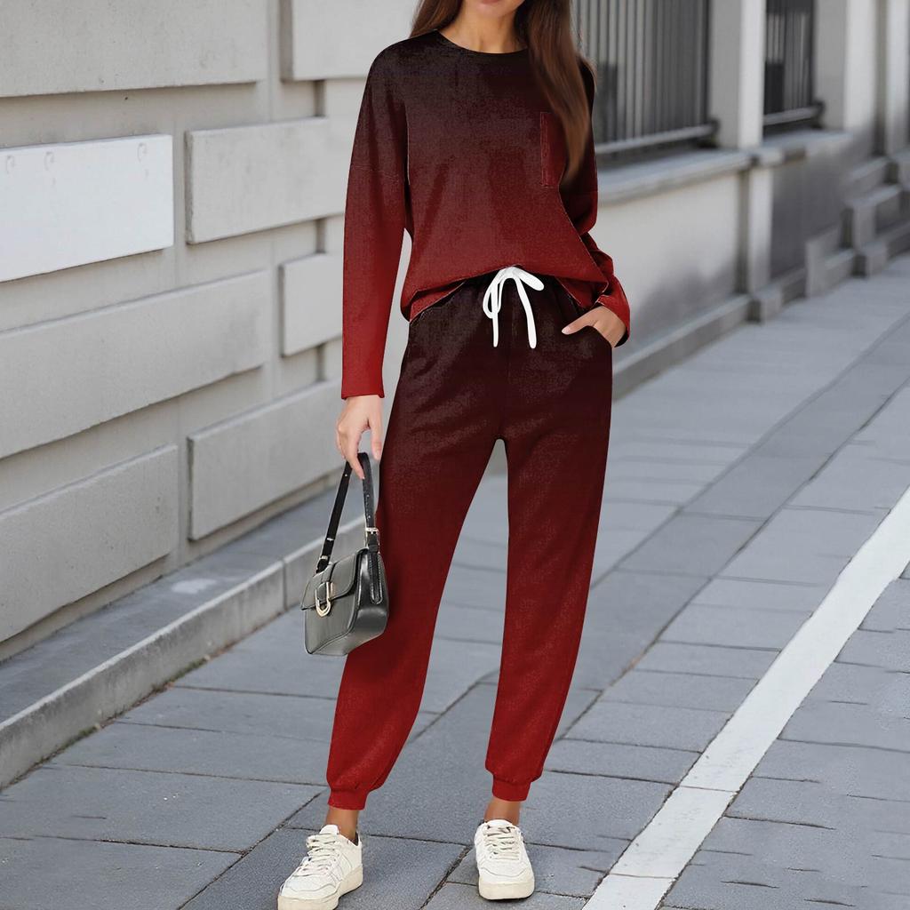 Комплекты для женщин из 2 предметов: футболки с круглым вырезом и длинным рукавом, принтованные спортивные брюки с карманами