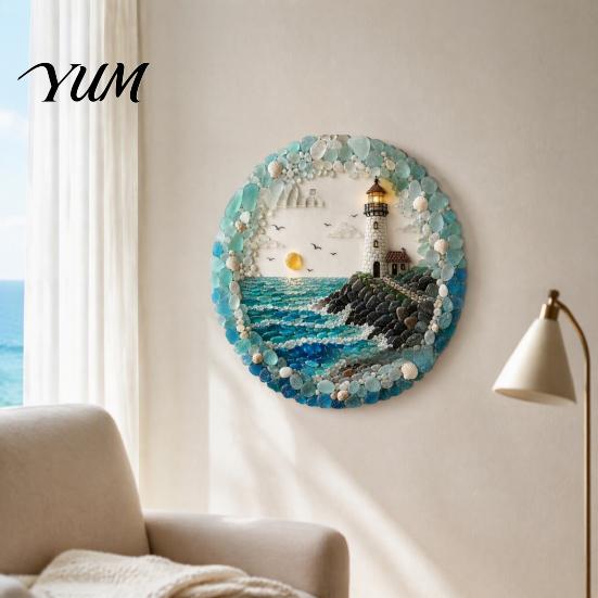 Sea Glass Ocean Scene Lighthouse Art Wall Ornament, Hand Assembled Shells And Tumbled Lover Birthday Present Decor, Beach Style Decorative Hanging for