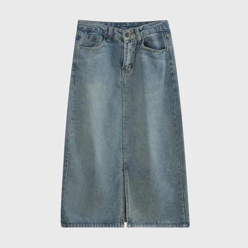 Женская джинсовая юбка А-силуэта с высокой талией и разрезом на лето 2024 г.