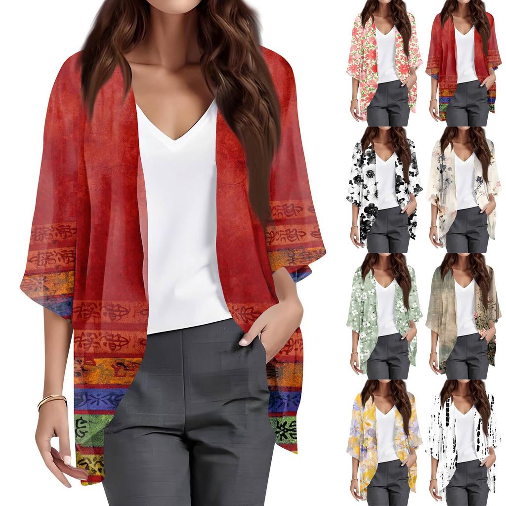 Ladies Fashion Loose Casual Print Beach Holiday   Sleeve Chiffon Cardigan