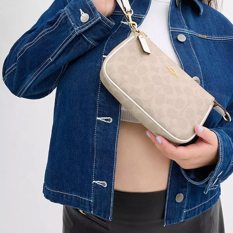 Coach Nolita 19 Классическая сумка-тоут через плечо из покрытого холста с принтом монограммы, на молнии, маленькая женская сумка, цвет Песок Меловой Белый CW426-IMXDM