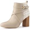 Allegra K Women's Check Pattern Pointed Toe Crisscross Strap Block Heel Ankle Boots, Beige, Size 23.5