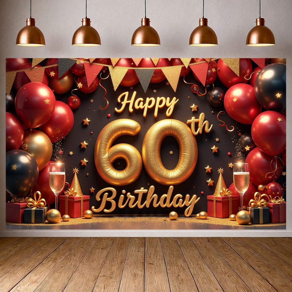 Фон для 60-летия Блестящее золотое покрытие Баннер «Счастливого 60-летия» Фотозона для дня рождения Элементы в виде бокалов для шампанского