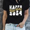 Happy New Year 2024 Print T-shirt Casual Crew Neck Short Sleeve Daily Top Women's Clothing Black Cartoon Casual Top Tees Clothes