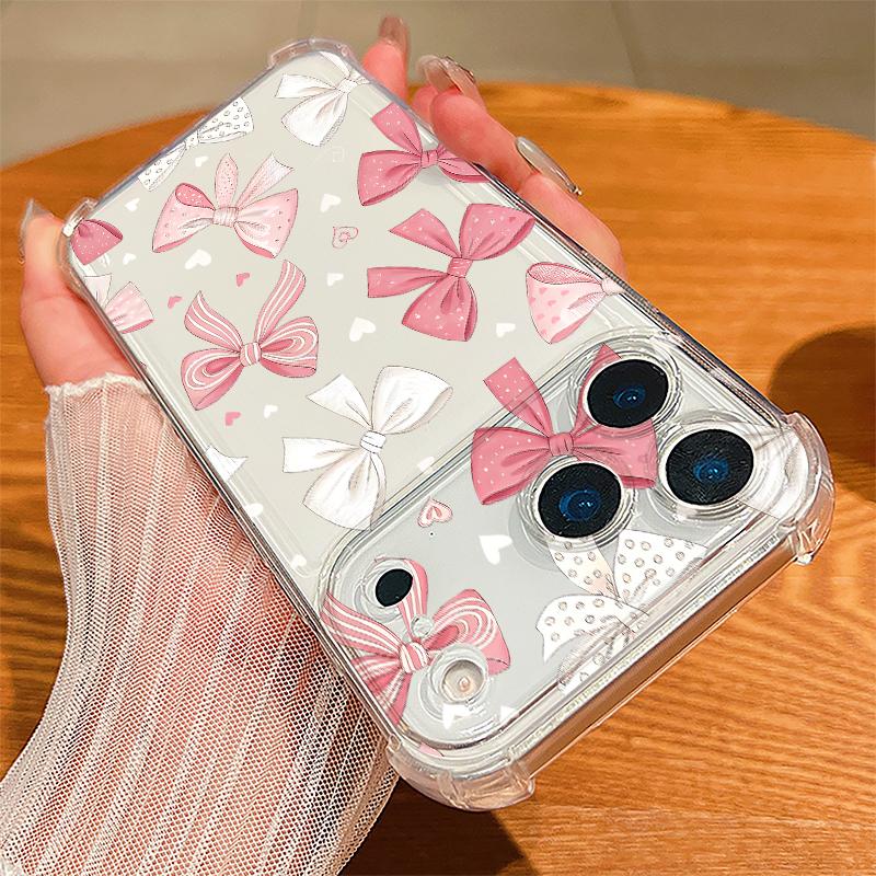 Чехол с узором из розовых бантиков для iPhone 17 Pro Max Coque iPhone 16 15 14 13 Pro Max 11 Ударопрочный Прозрачный Мягкий Силиконовый Чехол