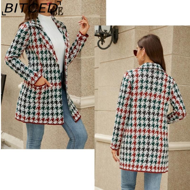 BITCED Autumn/Winter Long-Line Sweater: Colour-Blocked Houndstooth Knit Cardigan with Elegant Commuter Style Tailored Blazer with Suit Collar