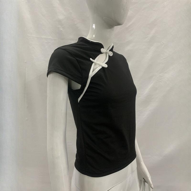 Европейский и американский летний ретро китайский стиль нишевая пряжка женский облегающий топ с воротником-ципао