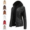 Women's Removable Hooded Faux Leather Jacket Zipper Removable Hooded Jacket Outwear