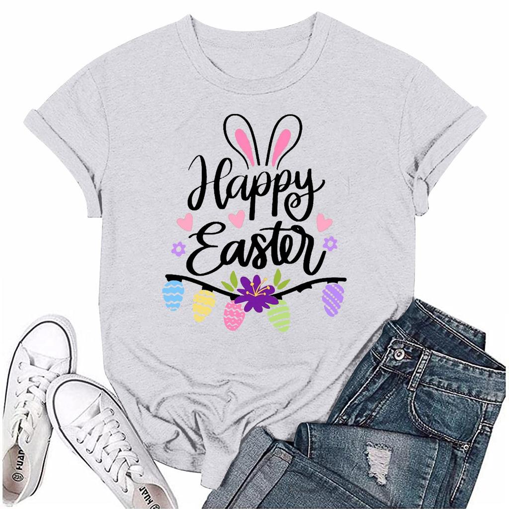 Женская модная пасхальная принтованная повседневная плиссированная круглая футболка с коротким рукавом