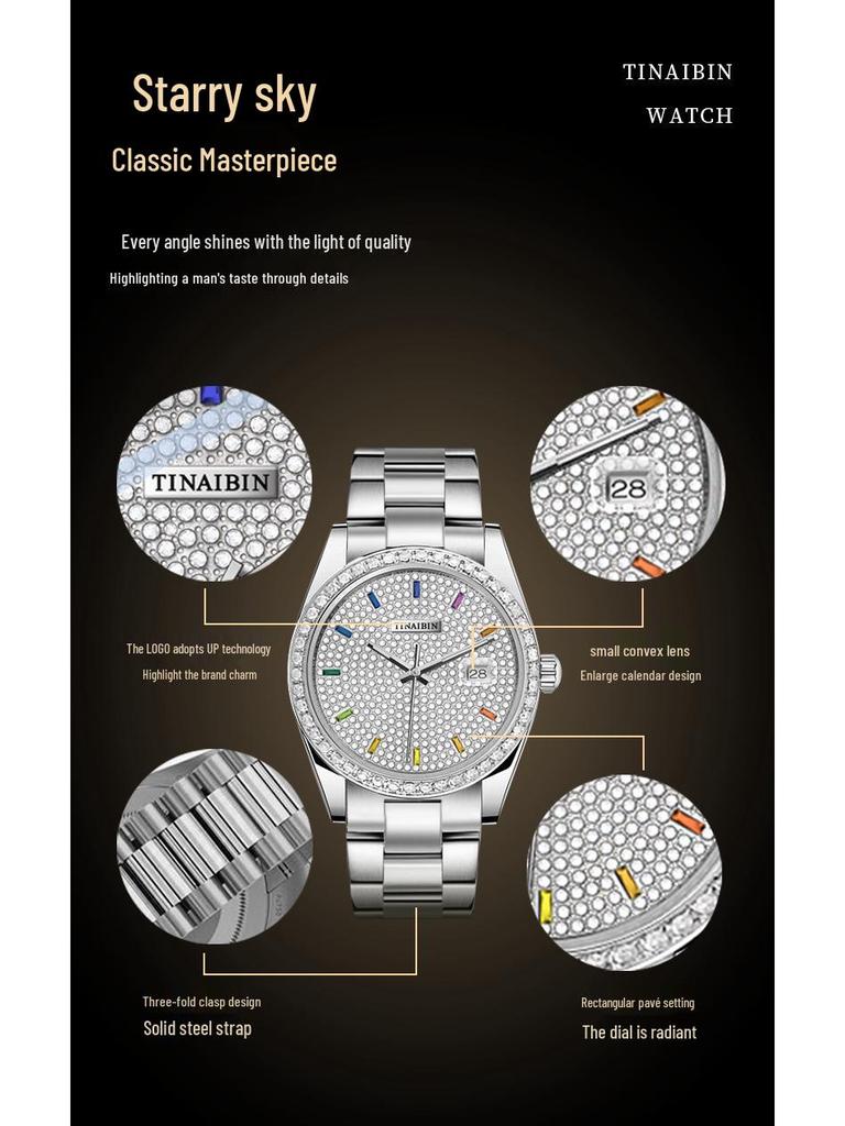 Swiss Automatic Men's Watch: Waterproof, Luminous, Diamond Accents, Steel Band, Quartz Movement.