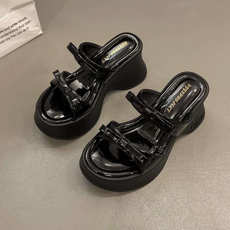 2024 летняя новая мода бант толстая подошва сказочный ветер прохладные женские толстый каблук корейская версия носить высокие каблуки тапочки