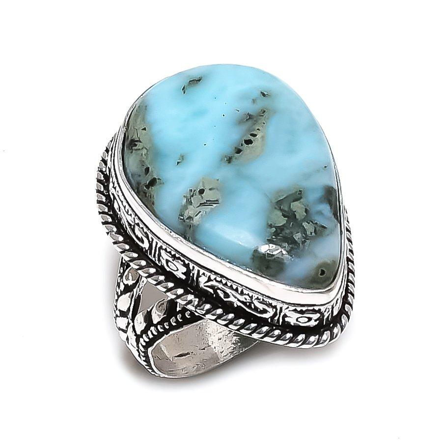 Caribbean Larimar Gemstone Handmade 925 Sterling Silver Jewelry Ring Size 9 R0l41