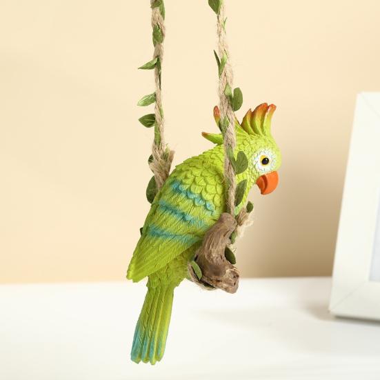 Parrot with Swing Waterproof Ornaments Decoration Hemp Resin Hanging Rope Simulated Green