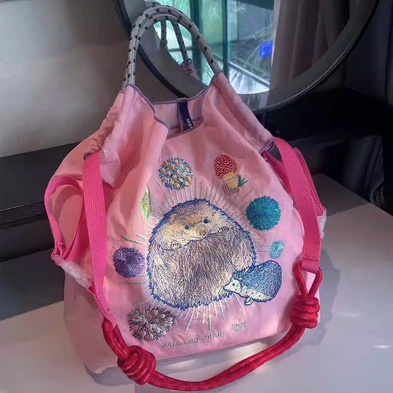 Универсальная вышитая сумка-шоппер с ежиком - Большая вместимость, ручная/на плечо/кроссбоди, водонепроницаемая сумка-тоут
