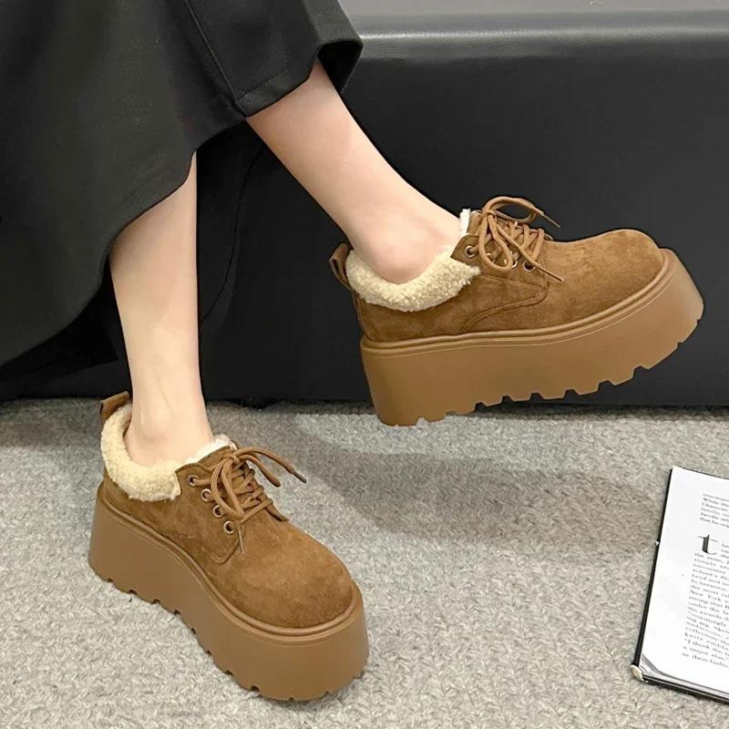 Женские замшевые мокасины на платформе, туфли на плоской подошве, женская мода 2025 года, повседневная мода, зимние теплые короткие плюшевые сапоги