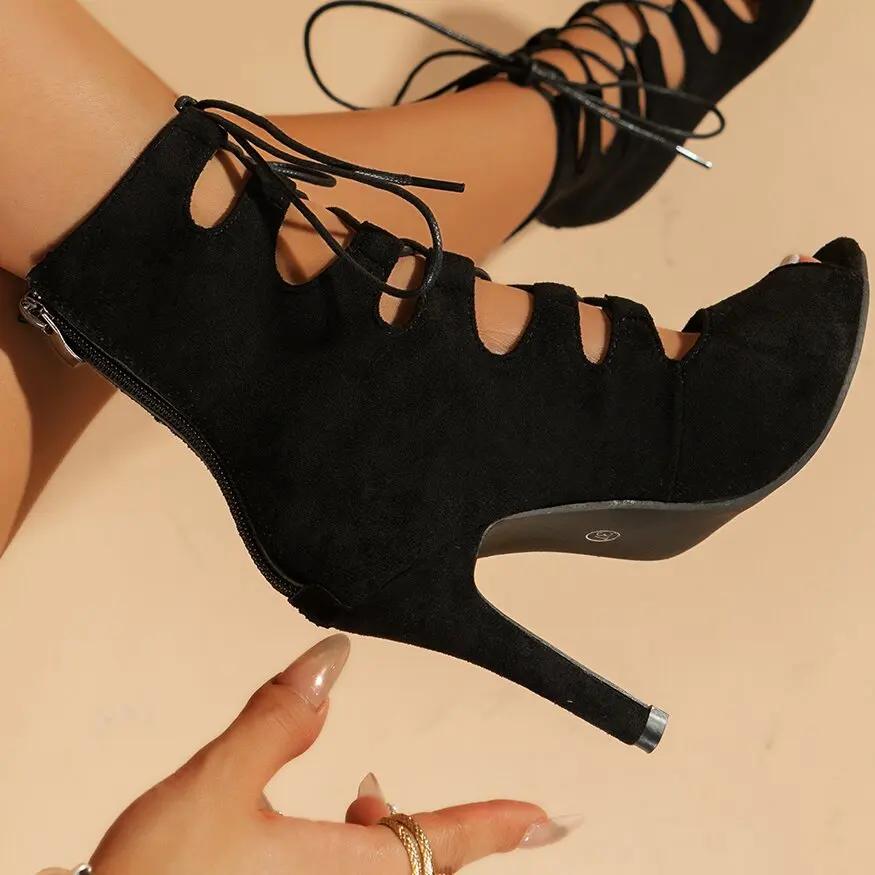 2024 Новые модные туфли-лодочки, черные с перекрестными ремешками, сексуальные босоножки на высоком каблуке, замшевые женские туфли, босоножки с открытым носком и шнуровкой, повседневные туфли на каблуках для женщин