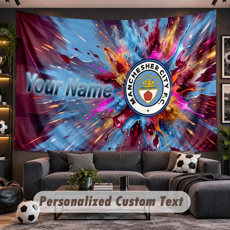 Manchester City Personalized Tapestry Support Custom Name, Wall Art Home Decoration