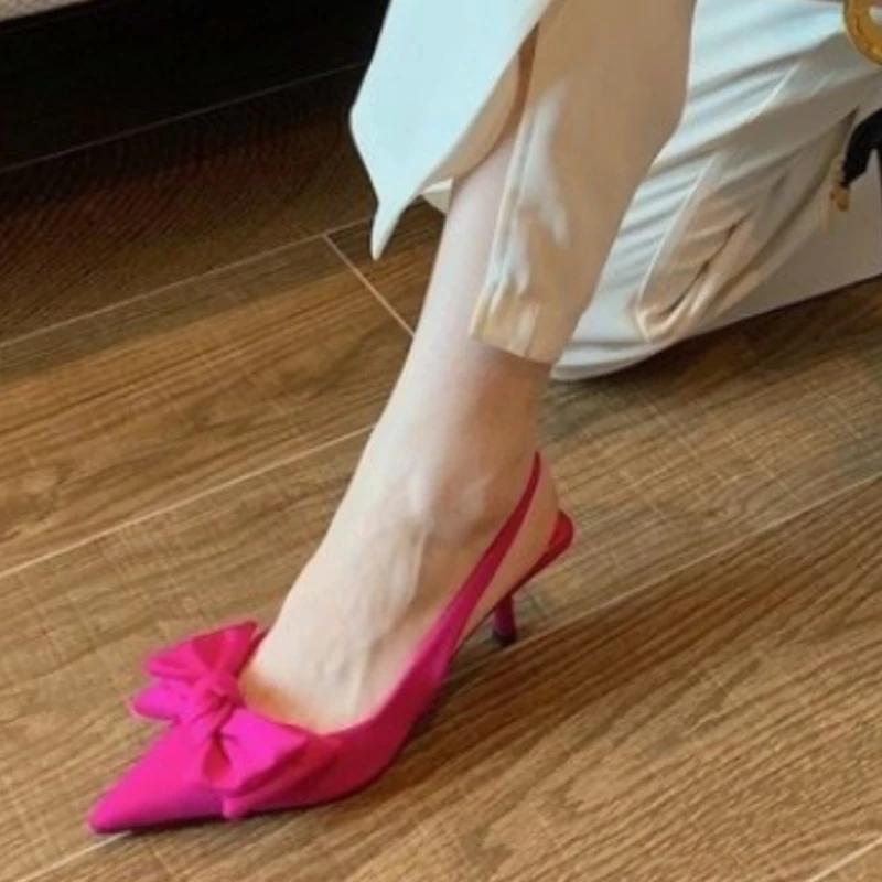 Женские туфли-лодочки, летние брендовые женские сандалии с открытой пяткой, модные женские элегантные модельные туфли-лодочки без шнуровки с острым носком и бантом