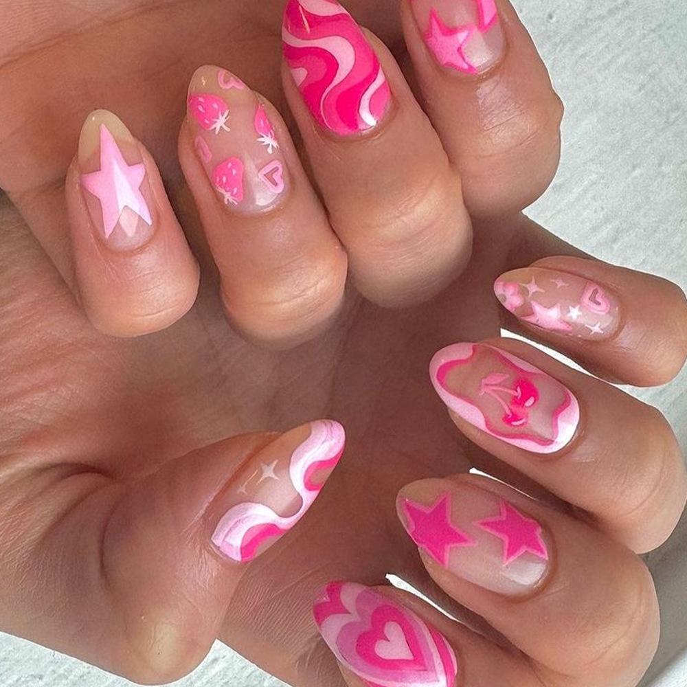24Pcs Ocean Fish Pattern Press On Nails Short Oval Full Cover Summer Colorful Striped Fake Nails