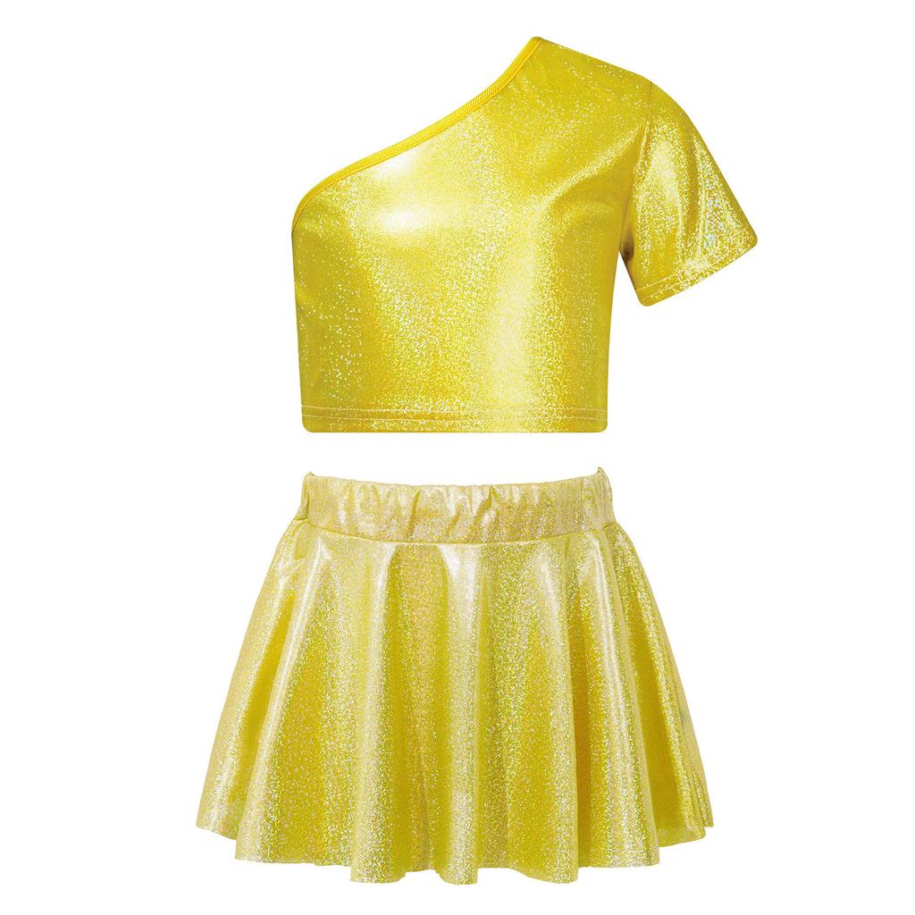 Наряд для джазового танца для девочек, топ-кроп с одним плечом и коротким рукавом, металлическая юбка, костюм для чирлидинга